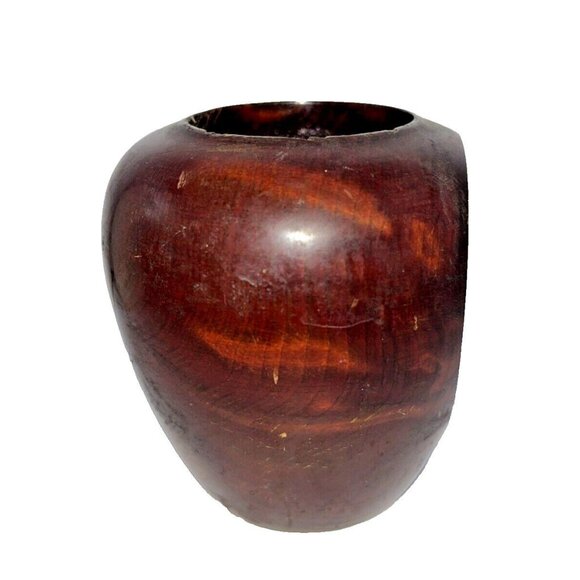 3.75” Petit Carved Wood Vase, Wall Snug Flat Side - Picture 2 of 16